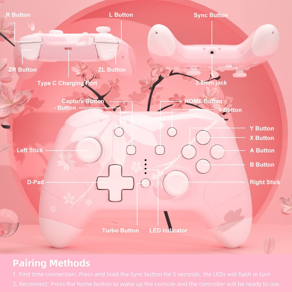 Mytrix Wireless Controller for Nintendo Switch/Lite, with Wake-Up, Headphone Jack, Auto-Fire Turbo, Motion Control, Adjustable Vibration - Sakura - Used Like New Mytrix Wireless Controller for Nintendo Switch/Lite, with Wake-Up, Headphone Jack, Auto-Fire Turbo, Motion Control, Adjustable Vibration - Sakura - Used Like New